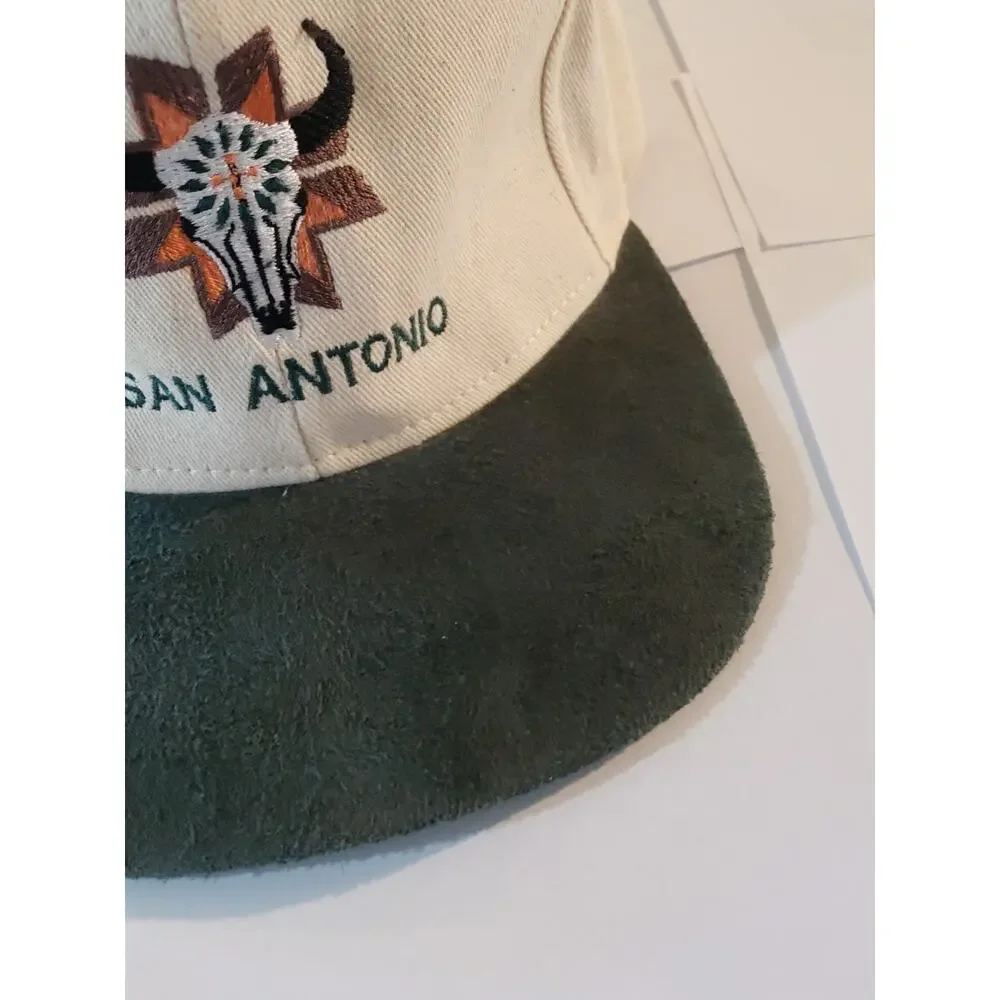 Vintage 90s San Antonio Texas Cowboy Black Suede Green Brim Strapback Hat